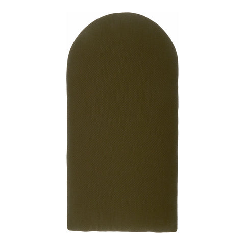 Das KraftKids Wandpaneel abgerundet Doppelkrepp ist ein hohes, dunkelgrünes, abgerundetes, rechteckiges Wandpaneel mit einem weichen, strukturierten Stoff - perfekt für moderne Innenräume - hier vor einem schlichten weißen Hintergrund.